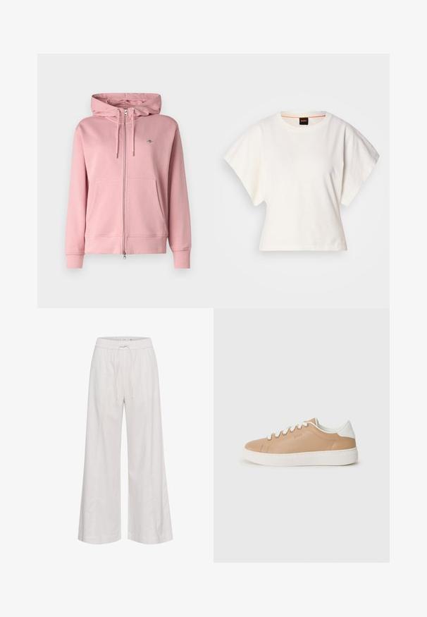 GANT SHIELD ZIP - Lukuga pusa - dusty pink; Valge lühikeste laiadte varrukatega lühike T-särk, pehme puuvillane materjal, ümar kaelus kergelt oranži ääristusega, minimaalne disain, ilma mustrite ja graafikateta.; Laiad püksid pehmest valgest materjalist, millel on elastne vöökoht ja nöör, sile tekstuur ning ilma lisakaunistusteta.; Beige nahkaketsid valgete aktsentidega, ümmargune varvas, lame tallas ja kontrastsete õmblustega. Paelaga kinnitamine kuue silmaga.
