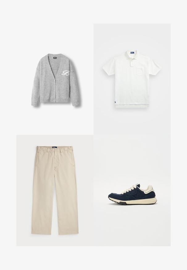 Grå ullkofta med V-ringning, långa ärmar, fem knappar och en vit logotyp på vänster sida. Mjuk textur, avslappnad passform.; Vit polo skjorta i bomull med en klassisk krage, treknapps placket och en bröstficka på vänster sida; liten logga vid fållen.; Beiga bomullschinos med rak bendesign, med knappstängning och två framfickor. Slät textur och enhetlig färg.; Mörkblå sneaker med en texturerad mockaovandel, krämfärgade snören och en beige mellansula. Har en klassisk atletisk design och gummisula.