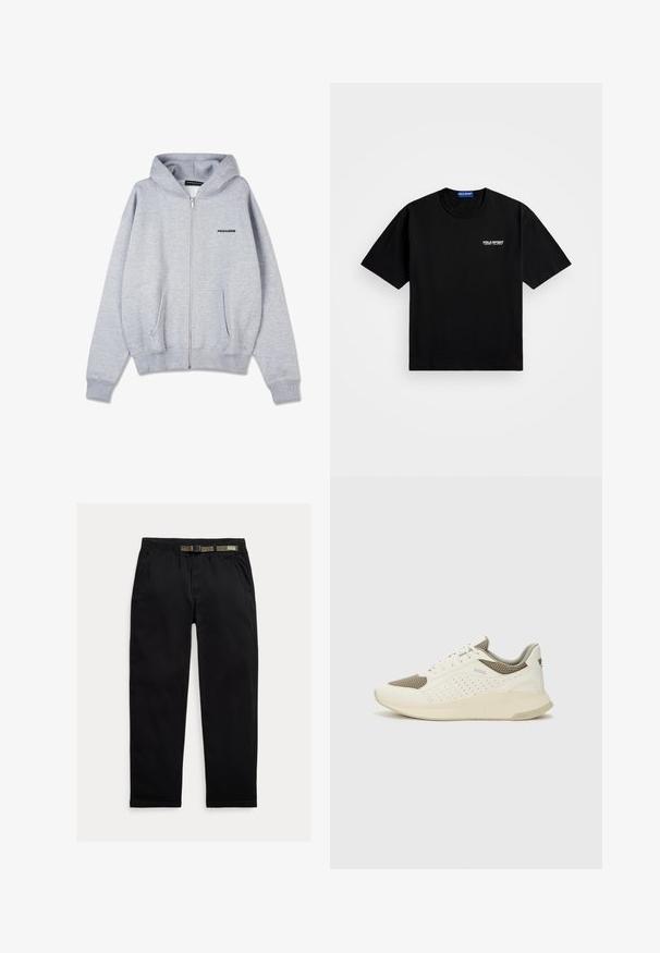 Gray zip-up hoodie made of soft, looped fabric. Features a kangaroo pocket and ribbed cuffs. Front has a small black logo on the left chest.; Black cotton t-shirt with a round neckline and short sleeves. Features "POLO SPORT" logo on the left chest in white. Standard fit.; Black pants made of lightweight fabric, featuring an elastic waistband with an integrated green belt, straight-leg cut, and side pockets.; White and light beige athletic sneaker, featuring a mesh upper, perforated detailing, and a textured midsole with branding on the heel.