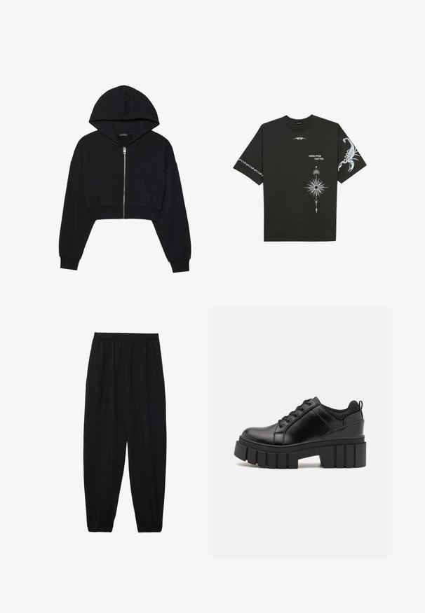 Μαύρη κοντή ζακέτα με φερμουάρ μπροστά, μεγάλη κουκούλα και μπροστινή τσέπη. Φτιαγμένη από μαλακό, υφασμάτινο υλικό με ριμπ μανσέτες. Απλός σχεδιασμός.; Μαύρο βαμβακερό T-shirt με λευκά γραφικά σχέδια, περιλαμβάνοντας έναν σκορπιό και αφηρημένα σχέδια. Κοντά μανίκια; στρογγυλή λαιμόκοψη.; Μαύρο, ελαφρύ παντελόνι με ελαστική μέση και μαζεμένα μπατζάκια. Το ύφασμα είναι λείο και έχει χαλαρή, κωνική σχεδίαση.; Μαύρα δερμάτινα παπούτσια πλατφόρμας με παχύ μπλοκ τακούνι, στρογγυλή μύτη και παραδοσιακό σχέδιο δέσιμο. Διαθέτουν λεία υφή και ελάχιστες λεπτομέρειες.