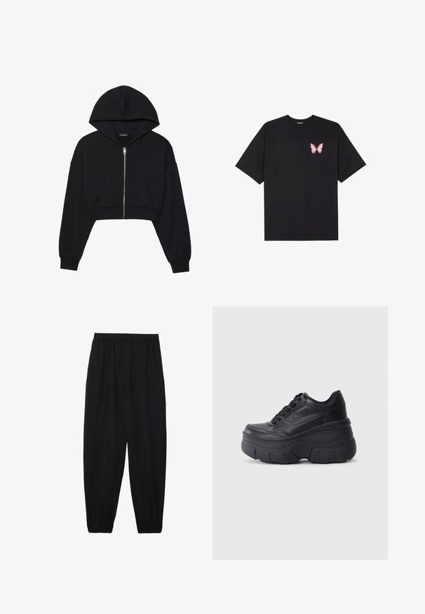 Black cropped hoodie with a zip front, large hood, and front pocket. Made of soft, textured fabric with ribbed cuffs. Simple design.; Black cotton t-shirt with short sleeves, featuring a small pink butterfly graphic on the left chest. Crew neck design with a relaxed fit.; Black, lightweight pants with an elastic waistband and gathered ankles. The fabric is smooth and features a relaxed, tapered design.; Black lace-up sneakers with a chunky sole, featuring smooth leather upper, rounded toe, and distinct layered platform design.