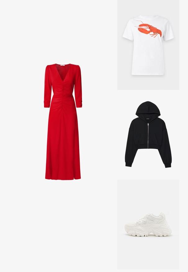 Svart kortärmad hoodie med dragkedja framtill, stor huva och framficka. Tillverkad av mjukt, texturerat tyg med ribbade ärmslut. Enkelt design.; Vit bomull t-shirt med en stor, lysande röd hummergrafik på framsidan. Kortsleeves och standard rundad halsdesign.; Röd klänning med V-ringning, trekvartslånga ärmar och rynkdetaljer vid midjan och ryggen. Tyget verkar slätt och lättviktigt.; Vita voluminösa sneakers med en strukturerad ovandel, meshpaneler och tjocka gummisulor med ett framträdande mönster. Snören och dragflik ingår.; Röd läderhandväska med en vinkelrät, geometrisk design. Har ett justerbart axelband och en klaffstängning med sydda detaljer.