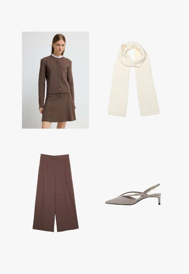 Brun to-delt outfit med en cropped button-up jakke med en lomme og en flagrende nederdel. Lavet af et glat, struktureret stof.; Brun kortærmet t-shirt lavet af blødt stof, med rund halsudskæring og afslappet pasform. Ingen synlige mønstre eller detaljer.; Brune bredbunde bukser med en glat tekstur, der har høj talje og plisseringer foran. Stoffet er let og falder løst.; Beige slingback hæle med spidse tæer, tynde krydsede stropper og en kort stiletto hæl. Glat stof med hardware i guld-tone.; Blødt, strikket cremehvidt tørklæde, løs foldet i toppen med begge ender hængende lige ned.