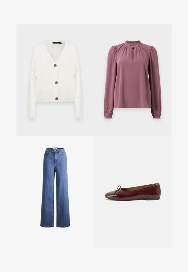 Cardigan bianco lavorato a maglia con maniche lunghe, scollo a V e cinque bottoni marroni sul davanti; presenta polsini e orlo a coste. Tessuto testurizzato.; Blusa a maniche lunghe in malva con colletto arricciato, scollatura a chiave con chiusura a bottone e spalle leggermente gonfie.; Jeans ampia in denim azzurro chiaro con vita alta, due tasche anteriori e cuciture in vista. Presentano una chiusura con bottone e zip.; Ballerine in pelle verniciata bordeaux con punta arrotondata, piccolo fiocco decorativo sulla parte anteriore e suola bassa in gomma nera. Texture liscia.