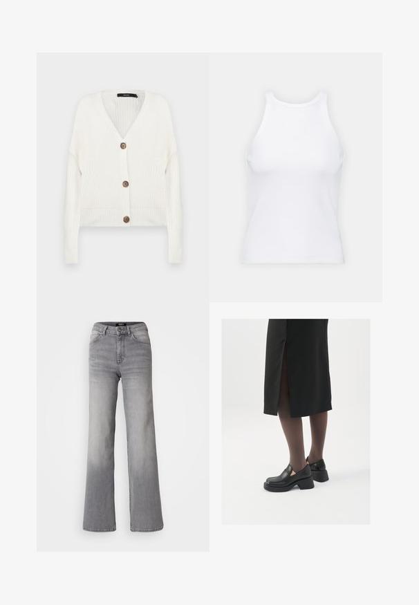 Cardigan blanc en tricot avec des manches longues, un col en V et cinq boutons marron à l'avant ; présente des poignets et un ourlet côtelés. Tissu texturé.; Débardeur blanc sans manches en tissu côtelé, doté d'un col rond et d'une silhouette ajustée, avec des coutures minimales et sans ornements.; Jean en denim gris taille haute à jambes droites avec bouton et fermeture éclair à l'avant, poches avant et arrière, et décoloration sur les cuisses et les mollets.; Chaussures noires en cuir avec un bout arrondi, un épais talon bloc et des accents latéraux élastiques, associées à des bas foncés et une jupe noire avec une fente.