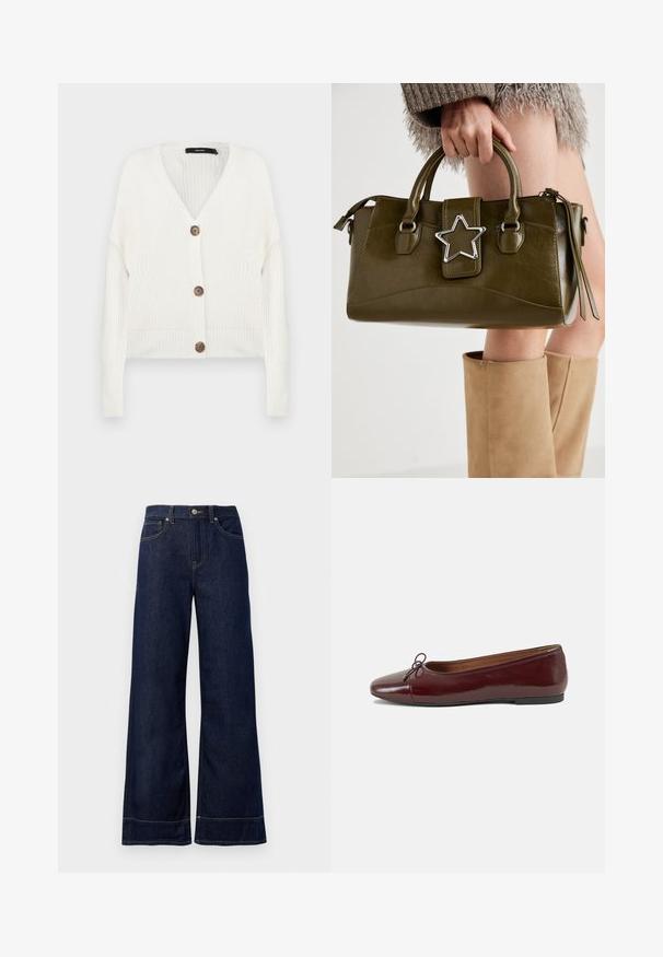 Cardigan bianco lavorato a maglia con maniche lunghe, scollo a V e cinque bottoni marroni sul davanti; presenta polsini e orlo a coste. Tessuto testurizzato.; Gilet in pile color crema con collo rotondo, chiusura frontale con bottoni e due grandi tasche a toppa. Presenta una superficie texture e piping a contrasto.; Camicia bianca con bottoni, realizzata in cotone liscio, dotata di un colletto classico, maniche lunghe e orlo curvo. I bottoni sono piccoli e bianchi.; Jeans a gamba larga blu scuro realizzati in denim. Presentano una chiusura con bottone, dettagli di cucitura e tasche laterali. Orlo inferiore a campana.; Ballerine in pelle verniciata bordeaux con punta arrotondata, piccolo fiocco decorativo sulla parte anteriore e suola bassa in gomma nera. Texture liscia.; Borsa a mano in similpelle verde oliva con accentatura a stella argentata, manici doppi e chiusura con zip. Superficie testurizzata e forma strutturata.