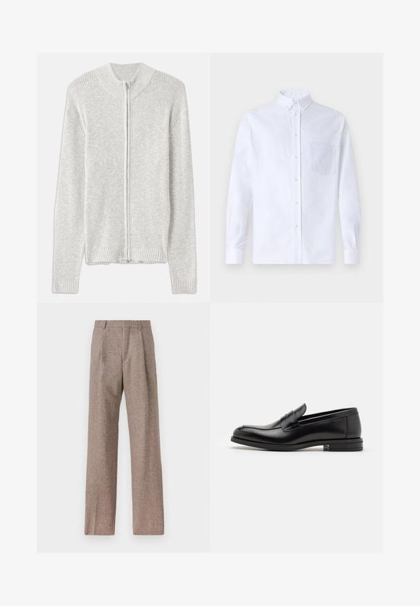 Ljusgrå stickad cardigan med dragkedja framtill, ribbad krage och manschetter, med en enkel, strukturerad design utan ytterligare mönster.; Vit långärmad skjorta med knappar, tillverkad av bomull, med en bröstficka med ton-i-ton broderi, krage och knappmanchetter.; Bruna, högmidjade byxor i texturerat tyg. Har vida ben och två framvikningar för struktur. Välavslutad utan synlig hårdvara.; Svarta läderloafers med en slät yta, rund tå och ett dekorativt band över främre delen. Låg staplad klack, minimalistisk design.