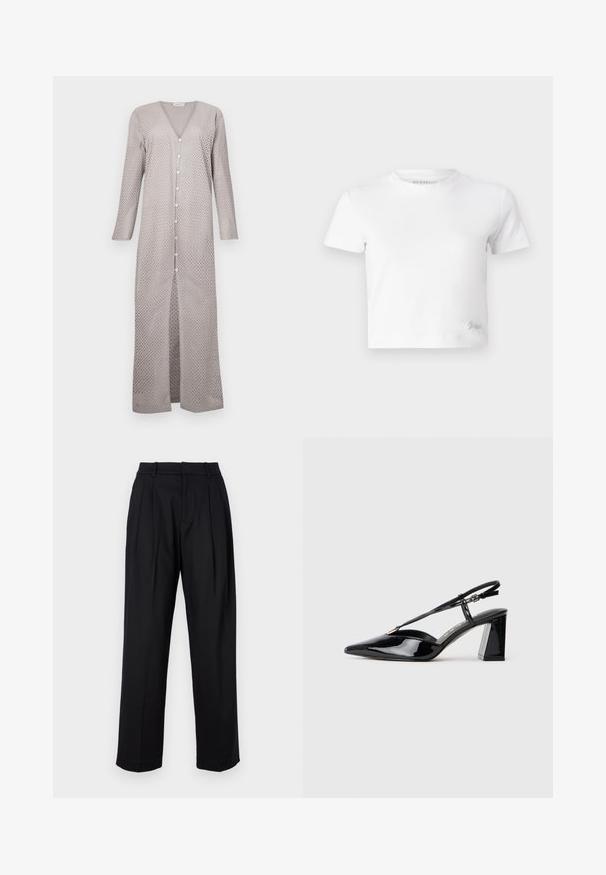 Svetlošedé dlhé šaty s výstrihom do V, dlhými rukávmi a predným zapínaním na gombíky. Materiál má výrezový bodkovaný vzor, voľný strih a bočné rozparky.; Biely croptop vyrobený z hladkej bavlny, s vysokým výstrihom a krátkymi rukávmi. Malé vyšívané logo v dolnom rohu.; Čierne nohavice s presne tvarovaným strihom, s vysokým pásom, skladačkami a rovným strihom nohavíc. Vyrobené z hladkej látky v jednej farbe.; Čierne patent leather sandále na vysokých opätkoch s ostrou špičkou, nastaviteľným popruhom a robustným obdĺžnikovým opätkom.