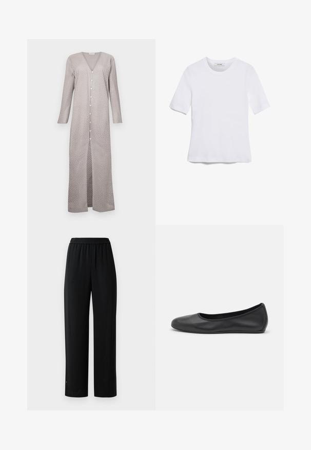 Vestito lungo grigio chiaro con scollatura a V, maniche lunghe e bottoni frontali. Il tessuto presenta un motivo a pois ritagliati, una silhouette fluida e spacchi laterali.; T-shirt bianca a maniche corte realizzata in tessuto a costine. Collo rotondo, vestibilità regolare e dettagli di cucitura sottili. Senza motivi o grafiche.; Pantaloni neri a gamba larga realizzati in un tessuto morbido con cintura elastica. Presentano una vestibilità dritta e dettagli minimi. Adatti per un abbigliamento casual.; Pantofole da balletto nere in pelle con punta arrotondata, texture liscia, dettagli di cucitura minimi e design con suola flessibile.