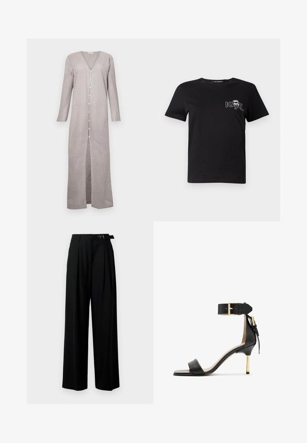 Lichtgrijze lange jurk met een V-hals, lange mouwen en knopen aan de voorkant. De stof heeft een uitgesneden stippenpatroon, een vloeiende silhoeet en zijsplitten.; Zwarte korte mouwen t-shirt van katoen. Heeft een witte grafische print met de tekst "KARL" en een gestileerde figuur op de borst. Ronde hals.; Zwarte wijde broek met hoge taille, plooien aan de voorkant en een riem met een gesp. Gemaakt van glad, lichtgewicht stof.; Zwarte leren sandalen met hak en vierkante neus, enkelband met een gouden gesp en een slanke metalen hak. Soepele textuur, minimalistisch ontwerp.