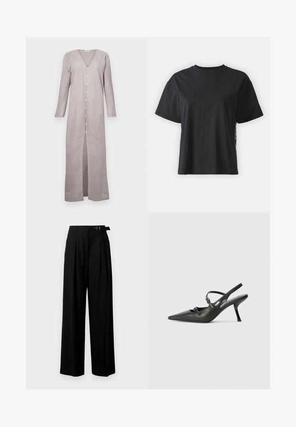 Rochie lungă gri deschis, cu decolteu în V, mâneci lungi și nasturi pe față. Materialul prezintă un model cu puncte tăiate, o siluetă fluidă și fante laterale.; Tricou din bumbac negru cu mânecă scurtă, cu o croială lejeră și un panou lateral contrastant, având text mic și detalii de design.; Pantaloni negri cu croi larg, talie înaltă, pliuri în față și un b μέρος cu cataramă. Confecționați dintr-un material neted și ușor.; Pantofi cu toc slingback din piele neagră, cu vârful ascuțit, toc subțire și detaliu decorativ cu cataramă pe partea din față. Textură netedă și design elegant.