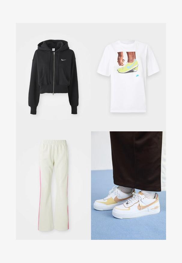 Izgriezts melns kapuci krekls, izgatavots no kokvilnas maisījuma, ar priekšējo rāvējslēdzēju, divām kabatām, kapuces stringu un Nike logo baltā krāsā uz krūtīm.; Balts kokvilnas T-krekls ar grafiku, kurā attēloti zili akcentēti dzelteni Nike zābaki un kreisajā rokā valkāta rokassprādze.; Gaiši beigi bikses ar elastīgu jostu, aprīkotas ar rozā sānu paneļiem un sānu kabatām. Gluda tekstūra ar taisnu kāju dizainu.; Baltas ādas sporta apavi ar zelta akcentiem, ar caurumiem purngalā, plakanām auklām un biezu gumijas zoli ar "AIR" logo sānos.