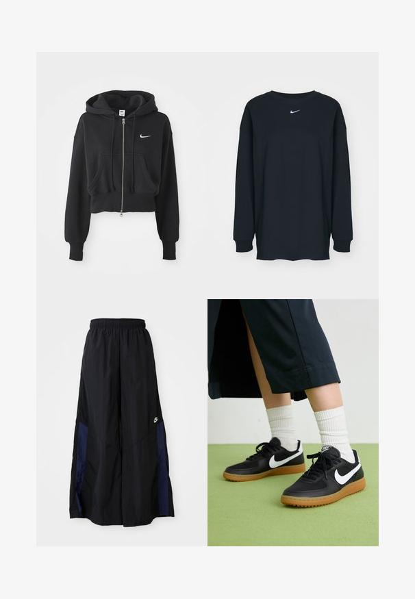 Skrajšana črna kapuca iz mešanice bombaža, z sprednjim zadrgo, dvema žepoma, kapuco na vezanje in belim Nike logotipom na prsih.; Črna dolgotrajna majica z dolgimi rokavi iz bombaža z okruglim izrezom. Ima bel Nike logo na prsih. Mehek material, preprost dizajn.; Črne široke hlače iz lahkega materiala, z morsko modrim stranskim panelom in elastičnim pasom. Majhna bela oznaka na dnu.; Črne usnjene in sintetične superge z belim Nike swooshom, gumo na podplatu, okroglo konico ter črnimi vezalkami. Vidne so rebraste bele nogavice.