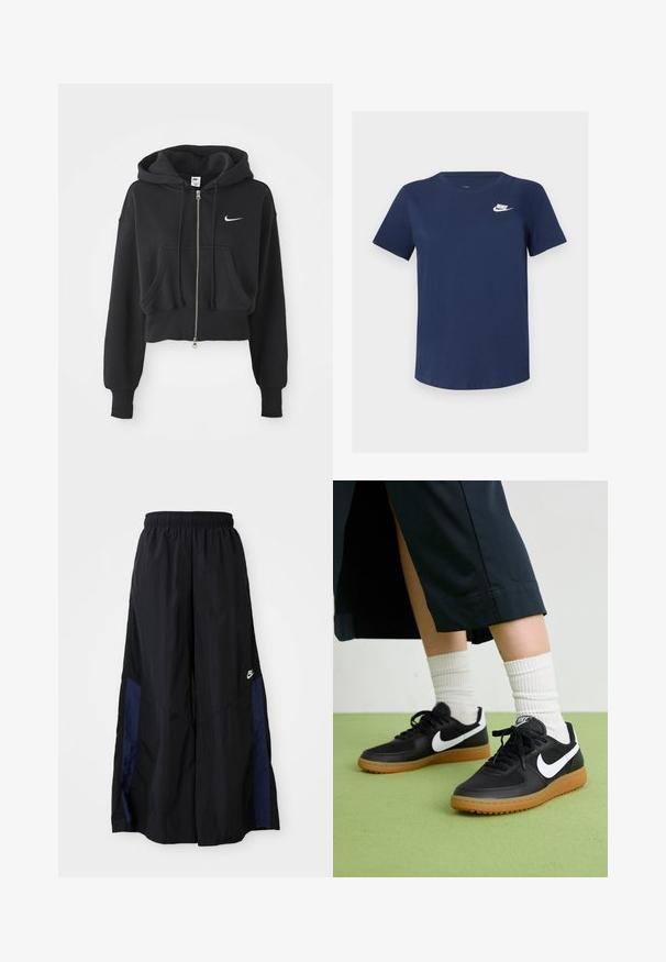 Zkrácená černá mikina z bavlněné směsi, s předním zipem, dvěma kapsami, kapucí na šňůrku a bílým logem Nike na hrudi.; Námořnická modrá bavlněná tričko s kulatým výstřihem, krátkými rukávy a bílým logem Nike na levé hrudi. Hladká textura, jednoduchý design.; Černé kalhoty širokého střihu vyrobené z lehkého materiálu, s námořnickou modrou bočním panelem a elastickým pasem. Malé bílé logo na spodní části.; Černé kožené a syntetické tenisky s bílým logem Nike, gumovou podrážkou, kulatou špičkou a černými tkaničkami. Viditelné žebrované bílé ponožky.
