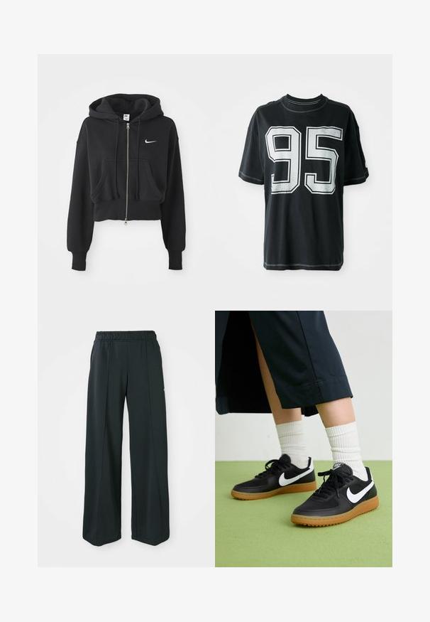 Skračená čierna mikina z bavlneného zmesi, s predným zipsom, dvoma vreckami, kapucňou so šnúrkou a bielym logom Nike na hrudi.; Čierne bavlnené tričko s krátkymi rukávmi, na prednej strane s bielou potlačou čísla "95" a kontrastným prešitím pozdĺž okrajov.; Čierne, široké športové nohavice s elastickým pásom. Vyrobené z hladkej, pružnej tkaniny, s jemnými prednými švami a bez vreciek.; Čierne kožené a syntetické tenisky so bielym logom Nike, gumenou podrážkou, okrúhlou špičkou a čiernymi šnúrkami. Viditeľné biele pruhované ponožky.