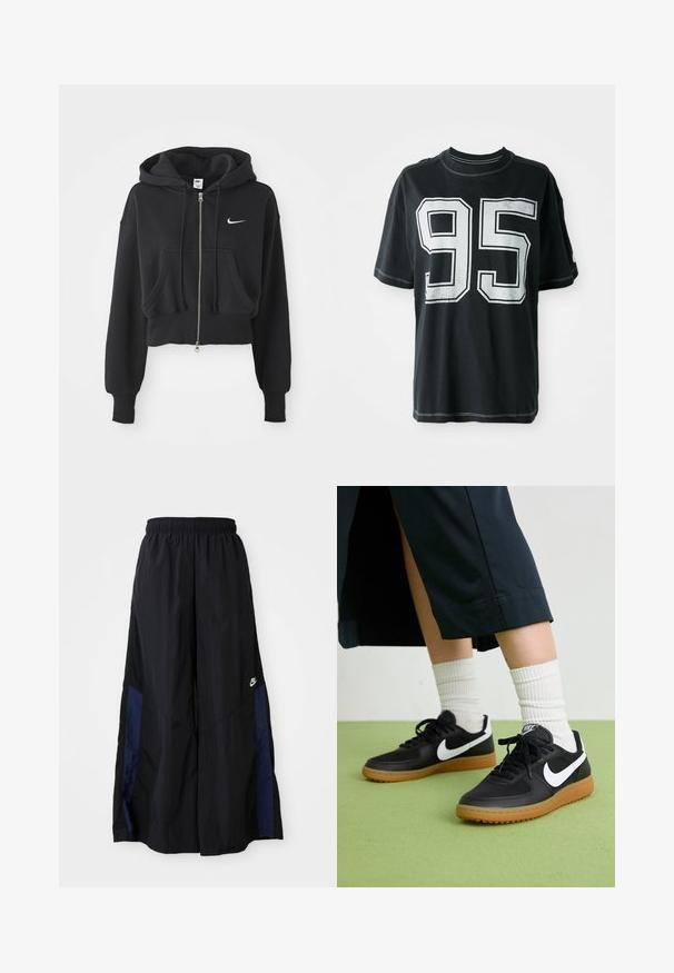Izgriezts melns kapuci krekls, izgatavots no kokvilnas maisījuma, ar priekšējo rāvējslēdzēju, divām kabatām, kapuces stringu un Nike logo baltā krāsā uz krūtīm.; Melnas kokvilnas t-krekls ar īsām piedurknēm, kuram priekšā ir balts drukāts skaitlis "95" un kontrastējoša šuvuma apdare gar malām.; Melni plata kāju bikses no viegla auduma, ar tumši zilu sānu paneli un elastīgu jostu. Mazs balts logotips apakšā.; Melna āda un sintētiska materiāla sporta apavi ar baltu Nike logo, gumijas zole, apaļa purngala forma un melni šņores. Redzamas ribotas baltas zeķes.