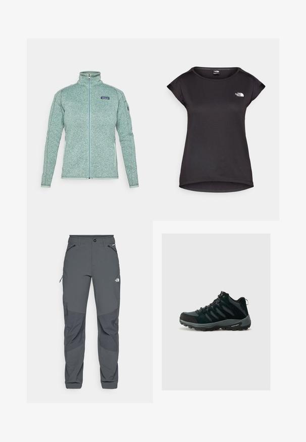 Lyseblå full-zip Patagonia fleecejakke med høy krage, lange ermer og glidelåslommer på sidene.; The North Face TANKEN TANK - T-skjorte til trening - black; Mørkegrå utendørsbukser med forsterkede kneputer, glidelås i sidelommer og frontlommer, knappelukking, og The North Face-logo på låret.; Columbia REDMOND - Fjellsko - black/citron haze