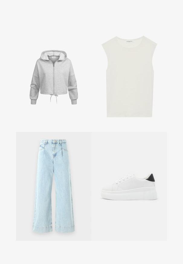 Helehall kaelusega lühendatud kapuutsiga pusas, millel on ees lukk, nööriga äär ja pikad varrukad koos ribitud mansettidega.; Valge ilma varrukateta topp ümmarguse kaelusega. Valmistatud siledast kangast, sellel on mugav lõige ja minimalistlik disain. Ei ole mustreid ega aksessuaare.; Heledad sinine laiad teksad, mis on valmistatud denimist, kõrge talje, esi-taskud ja õmblustega kaunistused allservas.; Valged platvormsneakerid, mis on valmistatud siledast sünteetilisest materjalist, ovaalse toe, paelkinnise disaini ja tekstuurse kummitaldiga. Must kontsrihm.