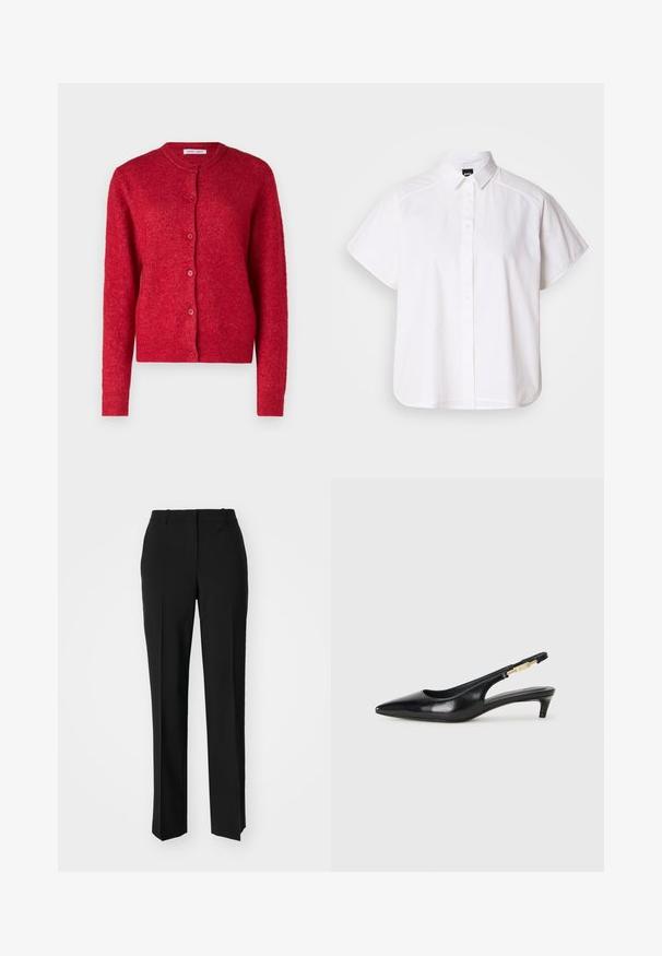 Roter Cardigan mit rundem Ausschnitt, langen Ärmeln und Knopfverschluss. Hergestellt aus weichem Material mit leicht strukturierter Oberfläche.; Weißes kurzärmliges Hemd mit Knopfleiste, spitzem Kragen und abgerundetem Saum. Hergestellt aus Baumwolle mit glatter Textur und ohne sichtbare Muster.; Schwarze, taillierte Hose mit geradem Bein, aus einem glatten Stoff und mit klaren Falten an der Vorderseite. Keine sichtbare Hardware.; Schwarze Leder-Slingback-Pumps mit spitzem Schuhblatt, ausgestattet mit einem schlanken Absatz und einem goldfarbigen Akzent am verstellbaren Riemen. Glatte Textur.