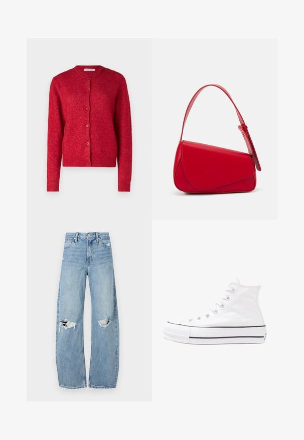 Roter Cardigan mit rundem Ausschnitt, langen Ärmeln und Knopfverschluss. Hergestellt aus weichem Material mit leicht strukturierter Oberfläche.; Schwarzes, übergroßes T-Shirt mit einem Grafikdruck eines Bären und dem Text "NICHT SÜß, SONDERN WILD" in fetter, weißer Schrift. Baumwollmaterial.; Helles, hochtailliertes Jeans aus Denim. Hat weit geschnittene Beine, zwei aufgerissene Kniebereiche und klassischen Fünf-Taschen-Stil.; Weiße hochwertige Leinensneaker mit schwarzer Gummisohle, vorderem Gummizehenschutz und sechs Ösen für Schnürsenkel, die ein sauberes, minimalistisches Design aufweisen.; Rote Lederhandtasche mit einem kantigen, geometrischen Design. Verfügt über einen verstellbaren Schulterriemen und einen Klappenverschluss mit genähten Details.