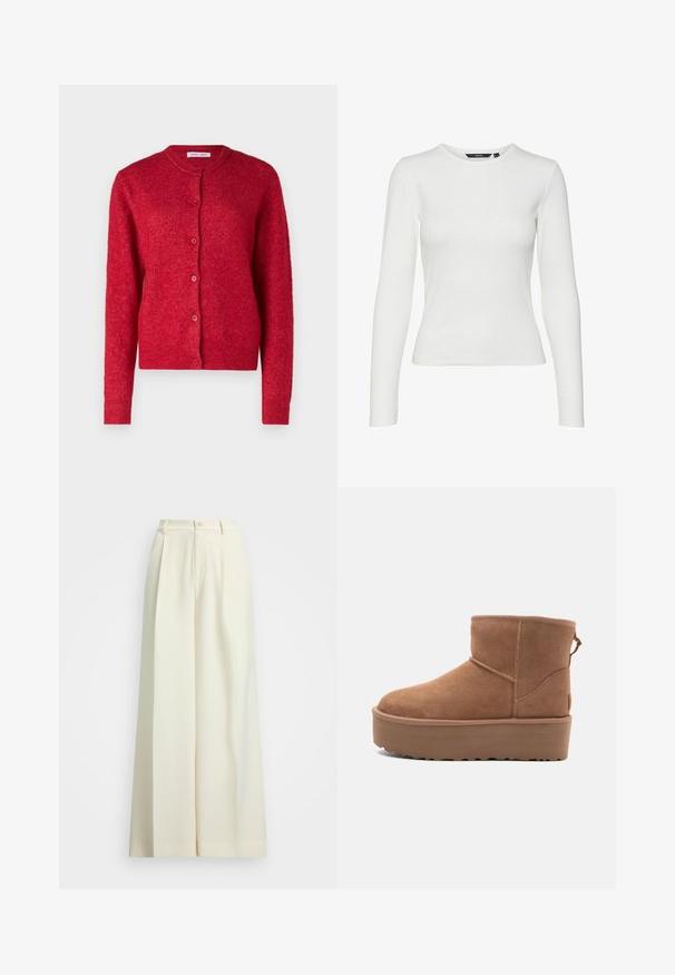 Rød cardigan med rund halsudskæring, lange ærmer og knaplukning. Fremstillet af blødt materiale med en let struktureret overflade.; Hvid langærmet skjorte lavet af ribbet stof, med rund halsudskæring og tætsiddende design. Ingen mønstre eller accenter synlige.; Bredde benbukser i off-white stof, med høj talje, dobbelte plisseringer og knaplukning. Glat tekstur og skræddersyet design.; Tan ruskinds ankelstøvle med platformssål, rund tå og syninger; har en løkke bagpå for nem påtagning.