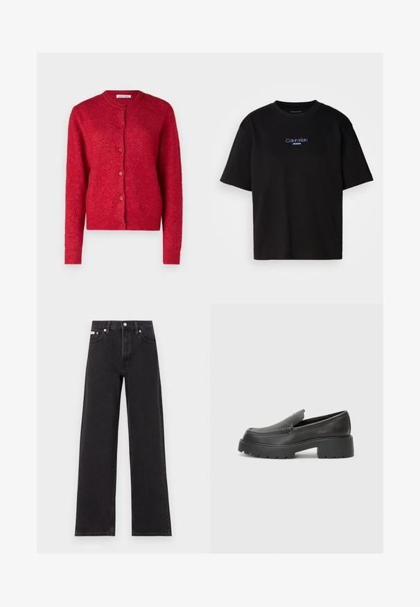 Rød cardigan med rund halsudskæring, lange ærmer og knaplukning. Fremstillet af blødt materiale med en let struktureret overflade.; Sort bomulds t-shirt med rund hals, korte ærmer og blåt broderet "Calvin Klein JEANS" logo på fronten.; Sorte vidde jeans lavet af denim, med høj talje, fem-lomme stil og en metalknap lukning med kontrasterende syninger.; Sorte læder loafers med rund tå, tyk tekstureret sål og minimale syninger. Elegant design uden synlige snørebånd eller hardware.