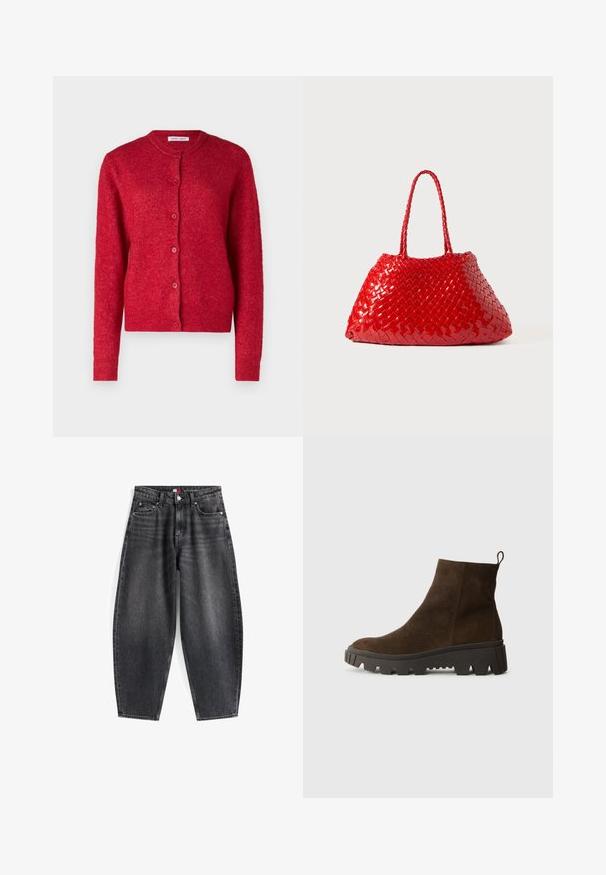 Röd kofta med rund halsringning, lång ärm och knäppning. Tillverkad av mjukt material med en något texturerad yta.; Ljusblå långärmad polo med horisontella grå och vita ränder samt krage.; Högmidjade svarta jeans i denim med en avslappnad passform, med fem fickor, bältesöglor och en logotyp på midjebandet.; Brun mocka ankelsko med en kraftig svart gummisula, med en lätt klack och en dragflik baktill för enkel påtagning.; Röd vävd handväska med glänsande yta, med flätade handtag. Distinkt triangulär form och texturerad yta med ett tätt mönster.