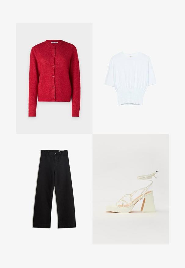 Roter Cardigan mit rundem Ausschnitt, langen Ärmeln und Knopfverschluss. Hergestellt aus weichem Material mit leicht strukturierter Oberfläche.; Weißes T-Shirt mit kurzen Ärmeln, lockerer Passform und gerafftem Stoff an der Taille. Aus weichem, leichtem Material gefertigt.; Schwarze weit geschnittene Jeans mit hoher Taille, ausgestattet mit Vorder- und Hintertaschen, gesteppten Nähten und einem Knopfverschluss. Glatte Textur.; Weiße High-Heel-Sandale mit einem klobigen Absatz, die über ein Riemchendesign und ein Knöchelband verfügt. Glatte Textur mit einer Plattform vorne für zusätzliche Höhe.