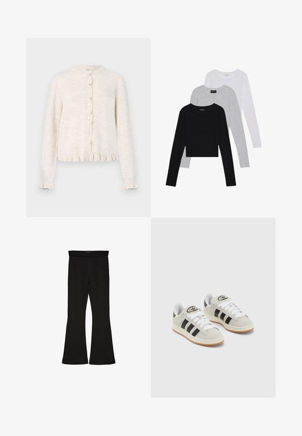 Svetlo bež kardigan z okroglim izrezom, scalloped zapenjanjem in nabranim robom ter manšetami. Izdelan iz mehkega, strukturiranega blaga.; Tri dolga rokava zložena: črna, siva in bela. Vsaka ima okroglo izreznico in skrajšan dizajn z gladkim, lahkotnim materialom.; Črne flare leggings iz raztegljive tkanine. Imajo širok pas in gladko teksturo, s prilegajočo silhueto, ki se na robu razširi.; Sive športne čevlje iz semiša z belimi vezalkami, črnimi črtami in belim gumijastim podplatom. Imajo okroglo oznako na ježku in podplat iz gume.
