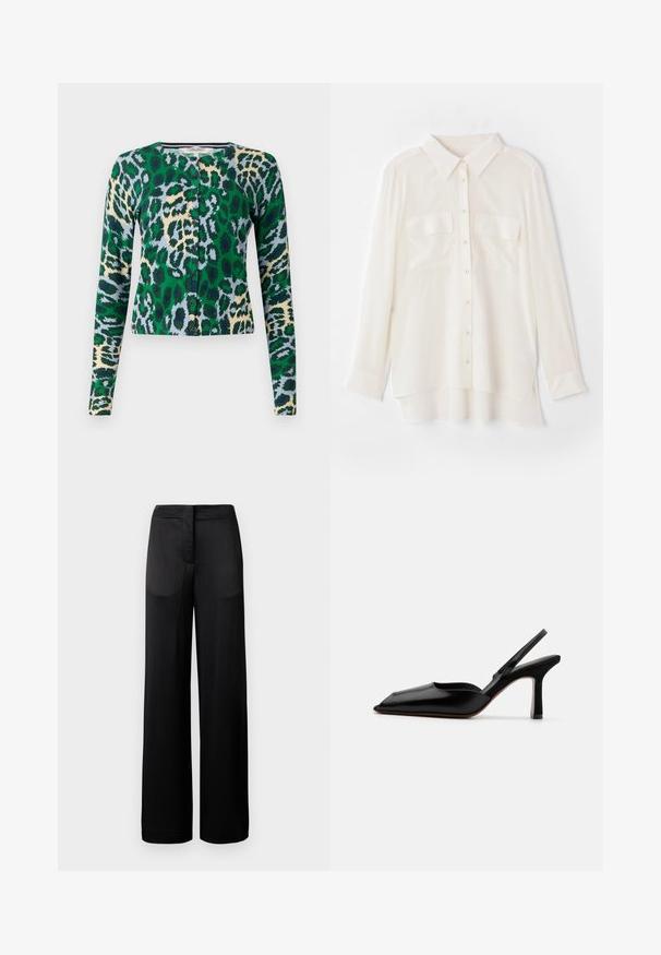 Roheline, sinine ja beež leopardimustriga kardigan, pikad varrukad, ümar kaelus, kuus nööpi ees, kitsas disain, sile tekstuur.; Valge nööbid üles särgid kergest kangast. Omab klassikalist kraed, kahte rinna-taskut ja veidi pikemat tagumist äärt.; Laiad mustad püksid tekstureeritud pinnaga, millel on lame vöökoht ja kaks kül pocketit. Kangas näib kergena ja voolavana.; Must musta slingback-kand käptelastega, terava varvaga, minimalismi disainiga, õhuke pahkluu rihm ja sujuv stiletto-kõrgus. Sile tekstuur.