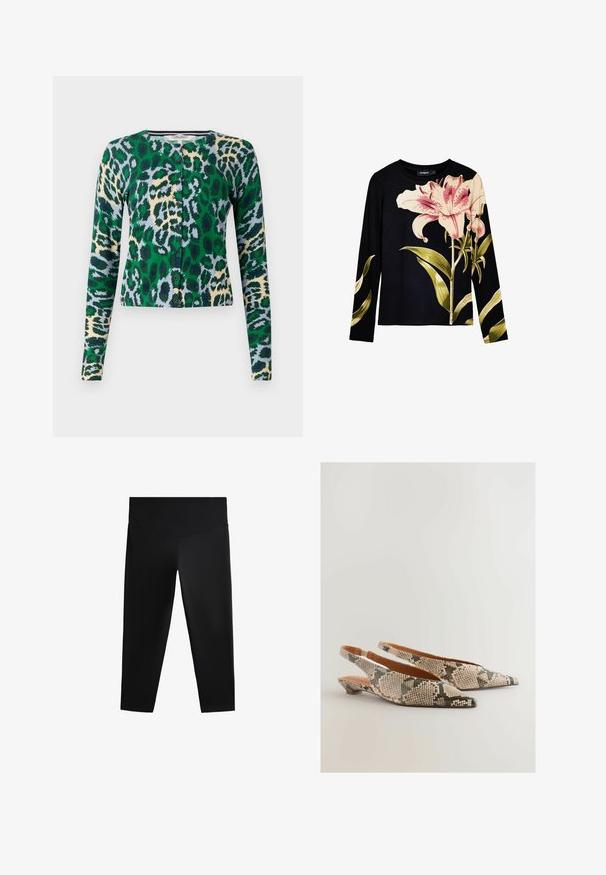 Green, blue, and beige leopard print cardigan, long sleeves, round neckline, six buttons down the front, fitted design, smooth texture.; Black long-sleeve top with ribbed texture, featuring large pink lilies and green leaves printed on the front. Lightweight fabric.; Black athletic leggings featuring a high waistband, smooth fabric, and a fitted silhouette, designed for ease of movement and comfort.; Next REGULAR FIT FOREVER COMFORT POINT TOE - Slingback ballet pumps - snake