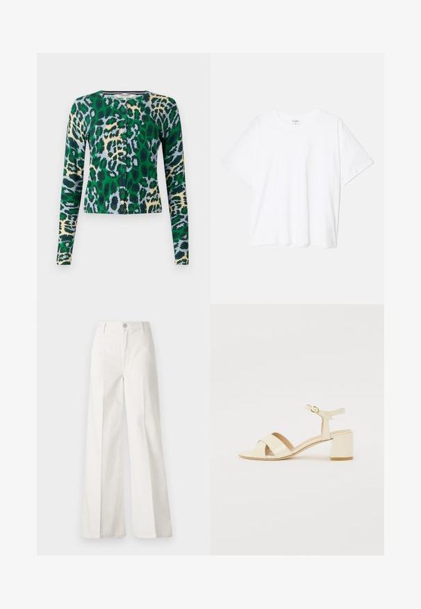 Zaļš, zils un bēšs leoparda raksta kardigāns, garas piedurknes, apaļa kakla izgriezums, seši pogas priekšpusē, pieguļošs dizains, gluda tekstūra.; Balta kokvilnas T-krekls ar īsām piedurknēm, apaļu dekoltē, brīva piegriezuma un šūtu apakšmalu. Etiķete redzama iekšējā kakla daļā.; Baltas platfita bikses, izgatavotas no kokvilnas ar gludu tekstūru. Aprīkotas ar priekšējo pogu, rāvējslēdzēju un četru kabatu dizainu.; Bežīgi patentēti ādas sandalītes ar krustenisku siksnu dizainu, atvērtu pirkstu, regulējamu potītes siksnu un bloku papēdi. Gluda tekstūra.
