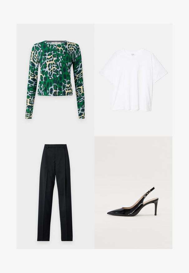 Kardigan w panterkę w kolorach zielonym, niebieskim i beżowym, z długim rękawem, okrągłym dekoltem, sześcioma guzikami z przodu, dopasowany fason, gładka struktura.; Biała bawełniana koszulka z krótkim rękawem, okrągłym dekoltem, luźnym krojem i przeszytym brzegiem. Metka widoczna wewnątrz dekoltu.; Czarne spodnie wykonane z gładkiego materiału, z wysokim stanem, szerokimi nogawkami, fałdami z przodu i klasycznymi szlufkami na pasek. Brak widocznych kieszeni bocznych.; Czarne lakierowane szpilki typu slingback z szpiczastym noskiem, smukłym obcasem i subtelnym wycięciem. Posiadają złotą klamrę na pasku.