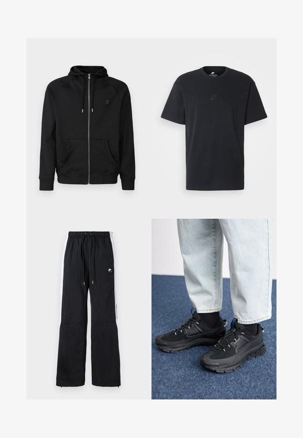 Sudadera con cremallera negra, hecha de un tejido suave. Cuenta con una capucha ajustable con cordón, dos bolsillos frontales y un pequeño logo en el pecho.; Camiseta negra de algodón de Nike con un clásico cuello redondo, mangas cortas y un sutil logo en relieve en el pecho. Textura suave.; Pantalones deportivos negros con cinturilla elástica, rayas laterales blancas, puños con cremallera y un detalle de logo en goma en la parte delantera.; Zapatillas deportivas negras con tejido texturizado y suelas de goma, con cordones elásticos y un acento azul en el talón. Combinadas con pantalones de mezclilla claros.