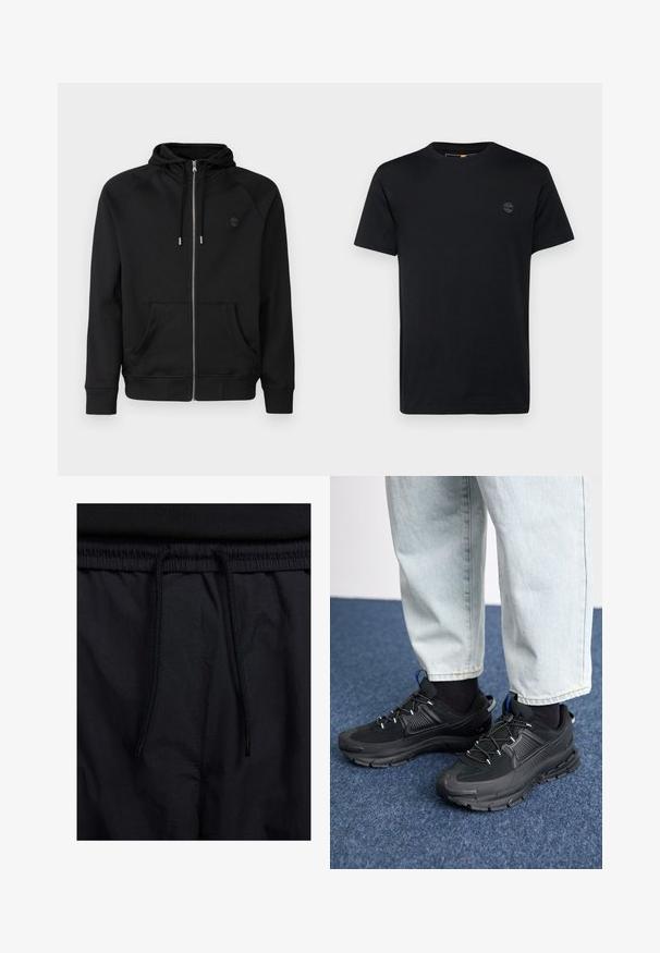 Černá mikina na zip vyrobená z měkké tkaniny. Má kapuci se stahovací šňůrkou, dvě přední kapsy a malé logo na hrudi.; Černé bavlněné tričko s kulatým výstřihem, krátkými rukávy a malým vyšitým logem na hrudi. Hladká textura, klasický střih.; Černé šortky s páskem na šňůrku, lehký materiál s hladkou texturou a jednoduchý design bez viditelných log nebo vzorů.; Černé sportovní boty s texturovanou tkaninou a gumovou podrážkou, s elastickými tkaničkami a modrým akcentem na patě. Nosí se s světlými džíny.