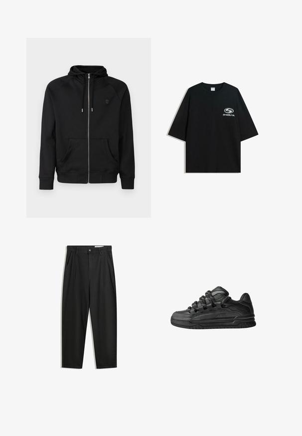 Svart zip-up hoodie, tillverkad av mjukt tyg. Har en huva med dragsko, två framfickor och en liten logotyp på bröstet.; Svart oversized t-shirt i bomull med rund halsringning och korta ärmar, med en vit "Shibuya"-logotyp tryckt på framsidan.; Svarta bomullsshorts med avslappnad passform, med en klassisk midja, framveck och sidfickor. Slät textur utan mönster.; Svarta sneakers med ovandel i slät läder, texturerade detaljer och runda svarta och vita snören. Tjock gummisula med ett mönstrat mönster.