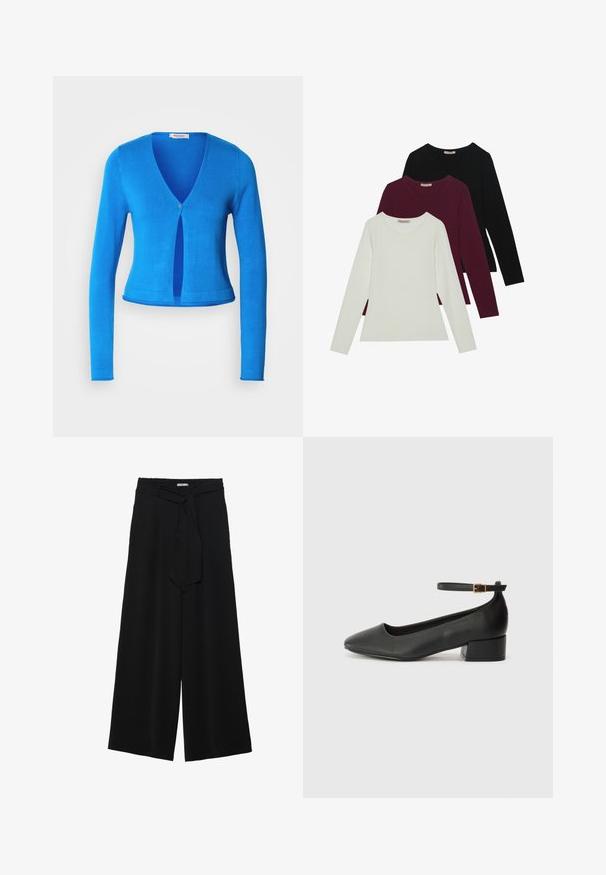 Cardigan albastru cu mâneci lungi, decolteu adânc în V și închidere cu un singur buton, având un design ajustat și un material ușor, neted.; Tricouri cu mânecă lungă în alb, burgundy și negru. Realizate dintr-un material moale, cu un guler rotund și un design ajustat. Potrivite pentru straturi.; Pantaloni largi negri dintr-un material texturat, cu un tiv elastic și o panglică detașabilă la talie pentru un fit ajustabil.; Pantof cu toc negru din piele, cu vârf ascuțit și toc mic pătrat. Dispune de o curea la gleznă cu o cataramă în tonuri de aur. Textură netedă.