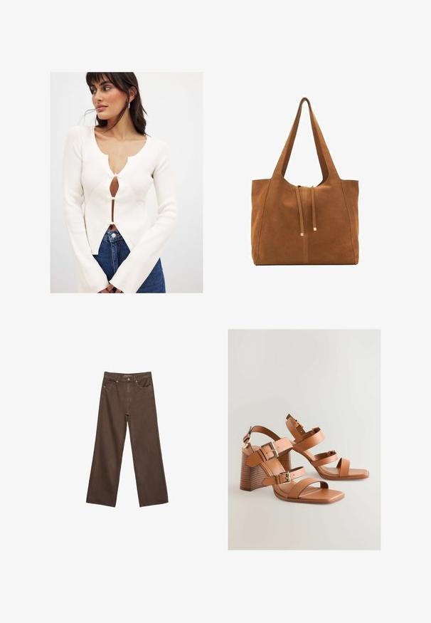 Bela pletena jopica z globokim V-izrezom, gumbi in razširjenimi rokavi; v kombinaciji z modrimi kavbojkami.; Dolgi rokav srajca iz temno rjave tkanine s koničastim ovratnikom, sprednjim zapiranjem na gumbe in ravnim robom. Gladka tekstura in sproščen kroj.; Široke rjave kavbojke iz denima, ki imajo visok pas, sprednje žepe in klasično zapiranje na gumb. Gladka tekstura s subtilnim šivom.; Rjave usnjene sandale s visokimi petami, več trakovi, zlate kovinske dodatke in nagnjeno blok peto. Gladka tekstura, dizajn z odprto konico.; Rjava semiš torba z dvema dolgima ročajema, z vrvico za zapiranje in minimalističnim dizajnom. Gladka tekstura in brez vidnih kovinskih dodatkov.