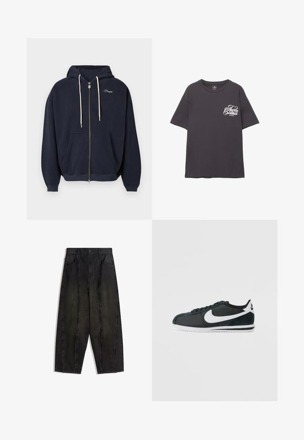 Felpa con cappuccio blu navy con zip, realizzata in tessuto morbido, presenta una tasca frontale, cappuccio con coulisse e logo ricamato sul petto. Texture liscia.; T-shirt in cotone grigio con maniche corte, scollatura rotonda e testo stampato in bianco sul lato sinistro del petto. Tessuto morbido e vestibilità comoda.; Pantaloni in denim neri a gamba larga con cuciture visibili e bordi sfrangiati, dotati di due tasche frontali e un design a vita alta.; Sneaker Nike neri e verde scuro con logo Swoosh bianco, dettagli in suede testurizzato, parte superiore liscia e suola in gomma bianca.
