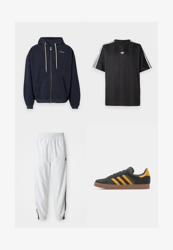 Dublje plava dukserica s patentnim zatvaračem izrađena od meke tkanine s prednjim džepom, kapuljačom s vezicama i izvezenim logotipom na prsima. Glatka tekstura.; Crna majica kratkih rukava s bijelim trostrukim detaljima na ramenima i malim bijelim logotipom na prsima. Glatka tekstura tkanine.; Bijele atletske hlače s crnim bočnim trakama, elastičnim pojasom i manžetama; sadrže Adidas logo na lijevom butu. Glatka tekstura tkanine.; Crne nubuk tenisice s žutim detaljima, sa tri pruge i smešnim gumenim potplatom. Imaju jastučić na jeziku za udobnost.
