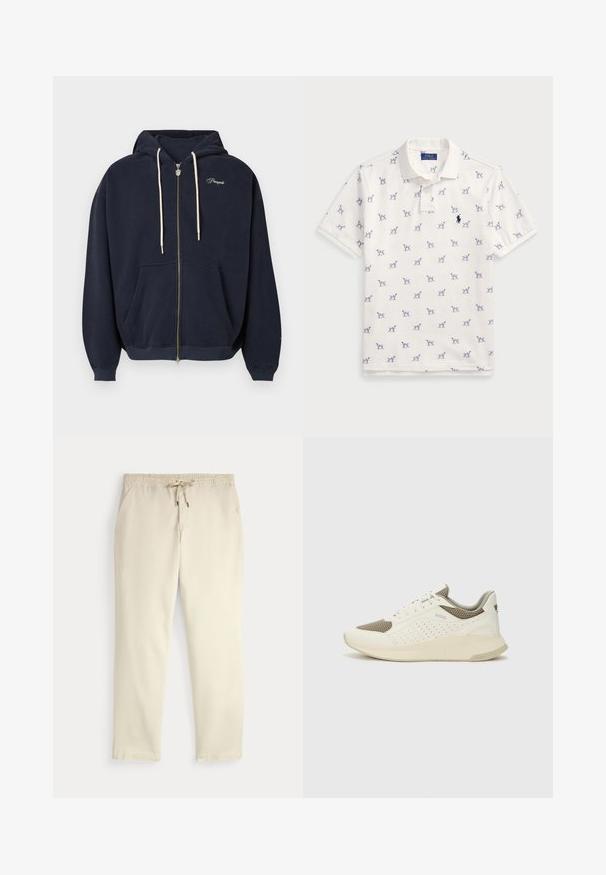 Tmavomodrá mikina na zips z mäkkej látky má predné vrecko, kapucňu so šnúrkou na stiahnutie a vyšívané logo na hrudi. Hladká textúra.; Biely polo tričko vyrobené z bavlny, s opakujúcim sa modrým vzorom psíka a malým modrým logom na hrudi. Krátke rukávy a golier.; Krémové voľné nohavice s elastickým pásom a šnúrkou, rovné nohy a bočné vrecká na jednofarebnom pozadí.; Biele a svetlo béžové športové tenisky s hornou časťou z mriežkového materiálu, perforovanými detailmi a textúrovanou medzipodrážkou s logom na päte.