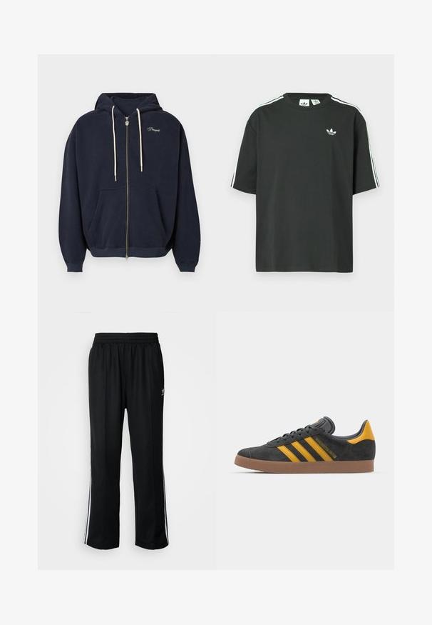Marineblå hettejakke med glidelås laget av mykt stoff, har frontlomme, snorhette og brodert logo på brystet. Jevn tekstur.; Svart t-skjorte i bomull med korte ermer, rund hals og hvite trestripesdetaljer på skuldrene. Har en liten hvit logo på brystet.; Sorte treningsbukser med elastisk midjebånd, med hvite sidestiper og en liten logo. Materialet ser mykt og lett ut.; Sort skinnesko i svart semsket skinn med gule detaljer, med tre striper og en brun gummisåle. Inkluderer en polstret tunge for komfort.