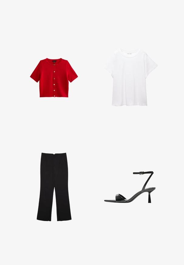 New Look COMPACT KNIT SHORT SLEEVE - Kofta - red; Vit t-shirt som är gjord av mjukt, lätt tyg. Har en rund halsringning och korta, vida ärmar med en avslappnad passform. Inga synliga mönster.; Svarta byxor med rak passform, utrustade med framfickor och sidoklyvningar vid fållen. Tillverkade av mjukt, slätt tyg. Lämpliga för olika tillfällen.; Bershka Sandaletter - black