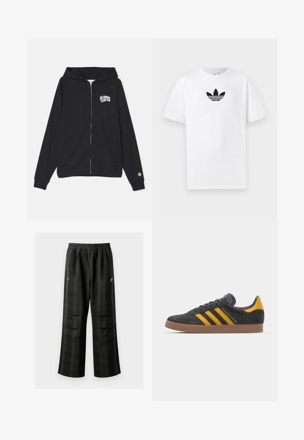 Crna zip majica od mješavine pamuka, s kenguruh džepom, kapuljačom s ušicama i prednjim logom. Mekana tekstura i rebrasti rubovi.; Bijela pamučna majica s crnim Adidas logom u centru. Kratki rukavi i dizajn s okruglim izrezom. Glatka tekstura.; Crne karirane hlače s elastičnom urezom, dva prednja džepa i ležernim krojem s ravnim nogavicama. Izrađene su od laganog materijala.; Crne nubuk tenisice s žutim detaljima, sa tri pruge i smešnim gumenim potplatom. Imaju jastučić na jeziku za udobnost.