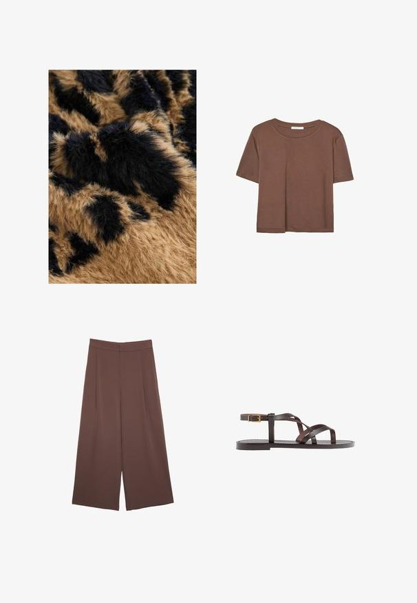 Tissu en fausse fourrure brun et noir avec une texture douce et duveteuse, présentant un motif de taches foncées sur un fond plus clair.; T-shirt marron à manches courtes en tissu doux, avec un col rond et une coupe décontractée. Aucun motif ni accent visible.; Pantalons larges marron avec une texture lisse, dotés d'une taille haute et de plis à l'avant. Le tissu est léger et tombe de manière fluide.; Sandale en cuir marron avec des brides entrecroisées, une fermeture à boucle à la cheville et une semelle plate avec des détails de couture minimaux.