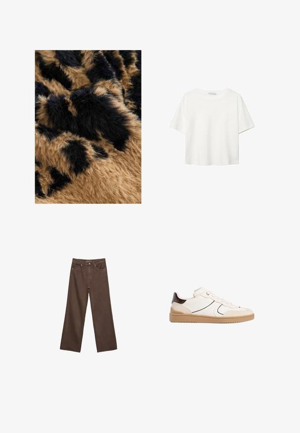 Hnědá a černá umělá kožešina s měkkou, nadýchanou strukturou, se vzorem tmavých skvrn na světlejším pozadí.; Bílý krátký rukáv tričko vyrobené z bavlny. Má kulatý výstřih a volný střih. Hladký materiál bez viditelných vzorů nebo akcentů.; Hnědé džíny s širokými nohavicemi vyrobené z denimu, s vysokým pasem, předními kapsami a klasickým zapínáním na knoflík. Hladká textura s jemným švem.; Stradivarius Tenisky - white