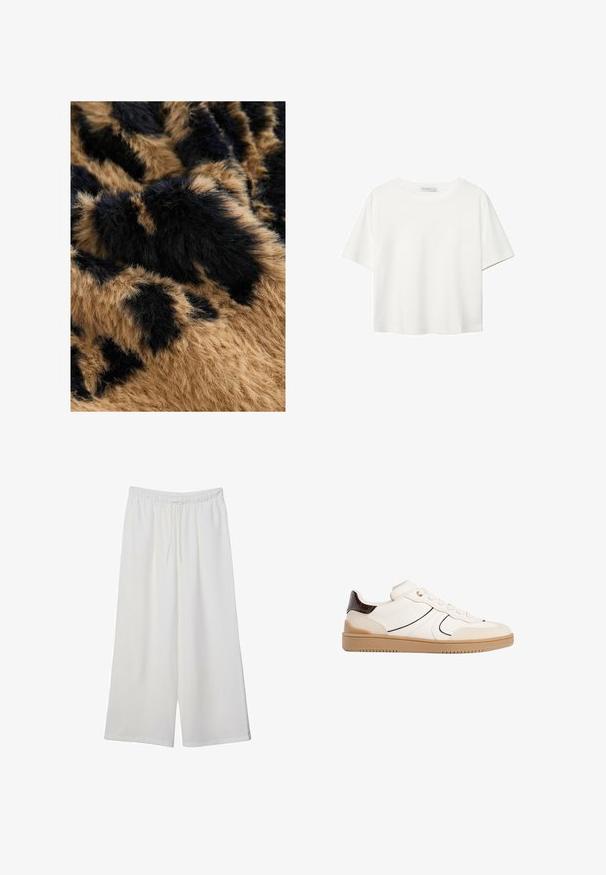 Finta pelliccia marrone e nera con una texture morbida e soffice, caratterizzata da un motivo di macchie scure su uno sfondo più chiaro.; T-shirt bianco a maniche corte realizzato in cotone. Presenta un collo tondo e una vestibilità rilassata. Texture liscia senza motivi o dettagli visibili.; Pantaloni bianchi a gamba larga realizzati in tessuto leggero, dotati di una vita elastica e di un cordino per una vestibilità regolabile. Texture liscia.; Stradivarius Sneakers basse - white