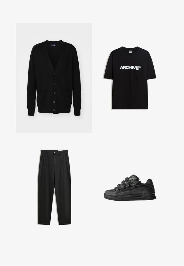 GAP CASH SOFT - Kardigan - black; Černé bavlněné tričko s bílým logem "ARCHIVE inc." na hrudi, krátké rukávy a kulatý výstřih.; Černé bavlněné kalhoty s uvolněným střihem, klasickým pasem, předními záhyby a bočními kapsami. Hladká textura bez vzorů.; Černé tenisky s hladkým koženým svrškem, texturovanými akcenty a kulatými černobílými tkaničkami. Silná gumová podrážka s vzorovaným dezénem.