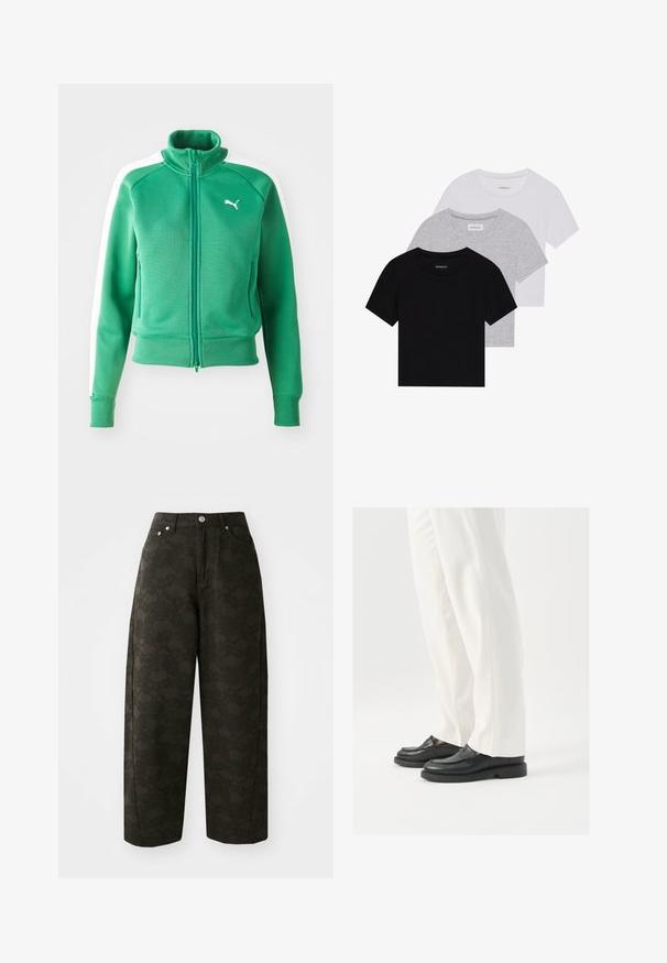 Hanorac verde cu fermoar, dintr-un material texturat, cu manșete și tivă cu nervuri, având panele laterale albe și un logo alb pe piept.; Set de trei tricouri cu mâneci scurte, în negru, gri și alb. Fabricate din bumbac, cu guler rotund și un design simplu, de culoare uniformă.; Pantalonii largi de culoare verde închis prezintă un model floral texturat, un design cu cinci buzunare și închideri cu nasturi metalici la talie.; Mocasini din piele neagră cu o textură netedă, detalii cusute și vârf rotunjit, asortați cu pantaloni albi, croiți.