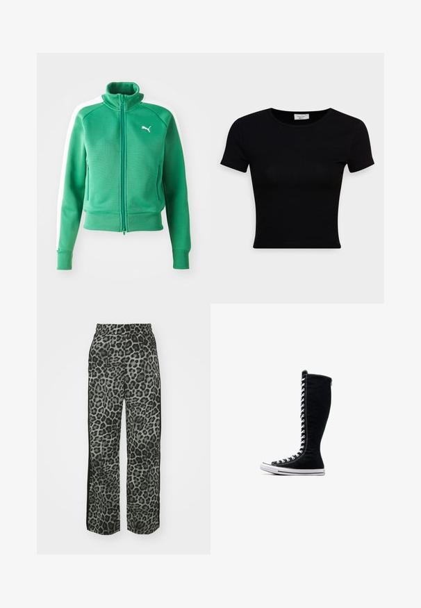Felpa verde con zip, in tessuto testurizzato, con polsini e orlo a costine, dotata di pannelli laterali bianchi e di un logo bianco sul petto.; T-shirt nera a maniche corte realizzata in morbido cotone, con scollatura rotonda e vestibilità aderente. Minimalista, senza pattern visibili.; Pantaloni in tessuto animalier leopardato nelle tonalità di grigio, con una vestibilità relax, vita elastica e dettagli neri sui lati per un tocco di contrasto.; Sneakers nere alte con un design slanciato, realizzate in tela. Presentano lacci bianchi, cuciture e una suola in gomma con punta rinforzata.